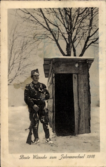 PC Happy New Year 1916, Switzerland, border occupation 1914/16, soldier on guard post