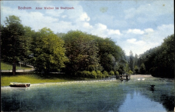 Ak Bochum im Ruhrgebiet, Alter Weiher im Stadtpark, Wasserfläche, Bäume, blauer Himmel