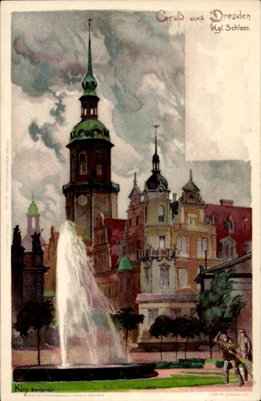 Artist Postcard Kley, Heinrich, Dresden Old Town, Royal Castle, Fontaine