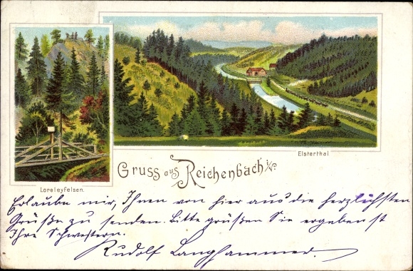Litho Reichenbach im Vogtland, Elstertal, Partie am Loreleyfelsen, Brücke, Wald