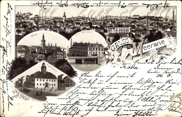 Voorloper Litho Meerane in Saksen, stadsgezicht, weefschool, kerk, gemeentehuis, 1894