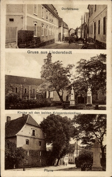 Ak Liederstädt Querfurt, Dorfstraße, Kirche, Kriegerdenkmäler, Pfarre