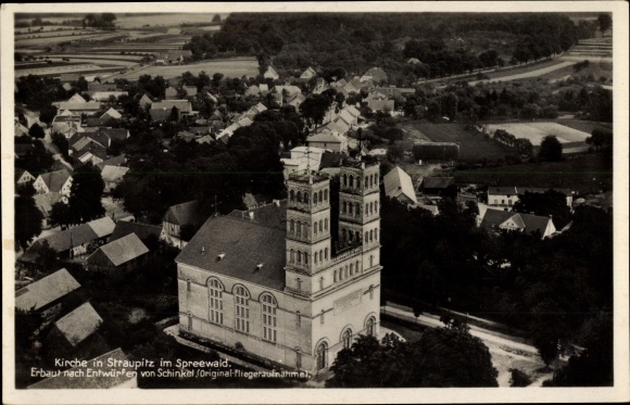 Postcard Straupitz im Spreewald, aerial photo of the church