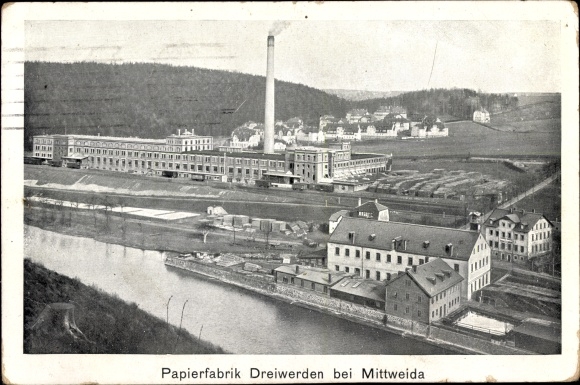 Postcard Dreiwerden Rossau Mittelsachsen, paper factory, railway line, freight wagons