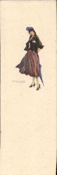 Artist Postcard Bompard, Sergio, Lady in Striped Skirt, Umbrella
