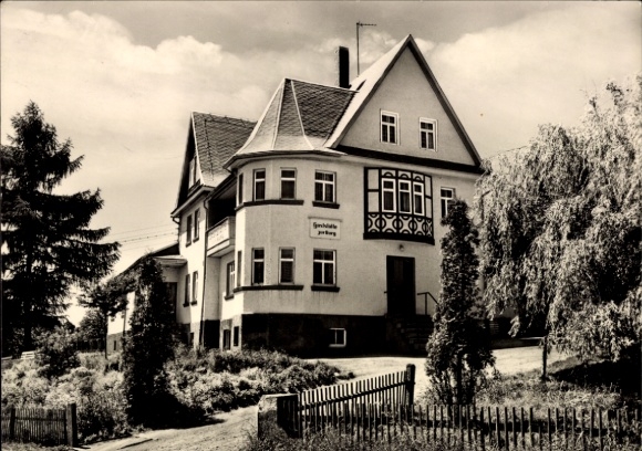 Postcard Dröbischau Königsee in Thuringia, building with beautiful facade, restaurant Zur Burg, surroundings m