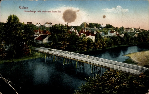 Ak Guben in Neder-Lausitz, stadsgezicht, Neisse-gebergte, Achenbach-brug