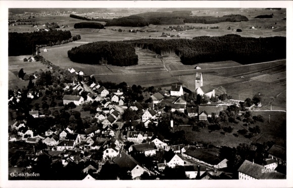 Postcard Gebrazhofen Leutkirch im Allgäu Württemberg, aerial view of the village church and landscape