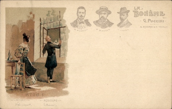 Litho La Boheme di G. Puccini, Atto I. Mimi, Rodolfo