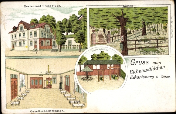Kunstenaarspostkaart Eckartsberg Mittelherwigsdorf Zittauer bekken, herberg Eichenwäldchen, binnenaanzicht