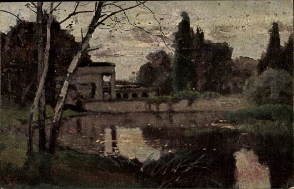 Künstler Ak Teich, Ruine, Bäume, Primus 825