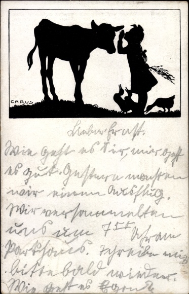 Paper cut artist Postcard Carus, girl with cow, ducks