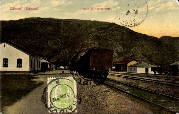 Postcard Câineni Romania, train station, restaurant, railway carriages