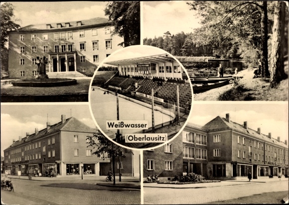 Postcard Weißwasser in Upper Lusatia, partial views, artificial ice rink