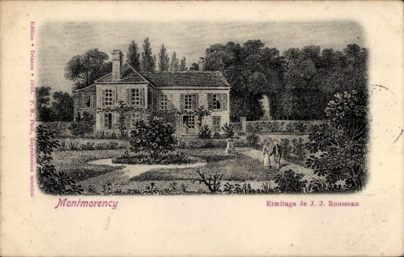 Ak Montmorency Val d’Oise, Bauernhaus mit Garten, Ermitage von J. J. Rousseau, 2 Frauen im Vorder