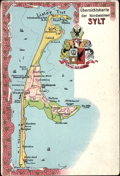 Wapenschildkaarten Ak Insel Sylt in Nordfriesland, totaaloverzicht van het eiland, Munkmarsch, Lister Tief