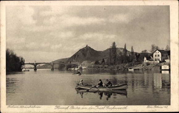 Postcard Bad Honnef am Rhein, Grafenwerth Island, Rhineland landscape, island boats, bridge, mountain