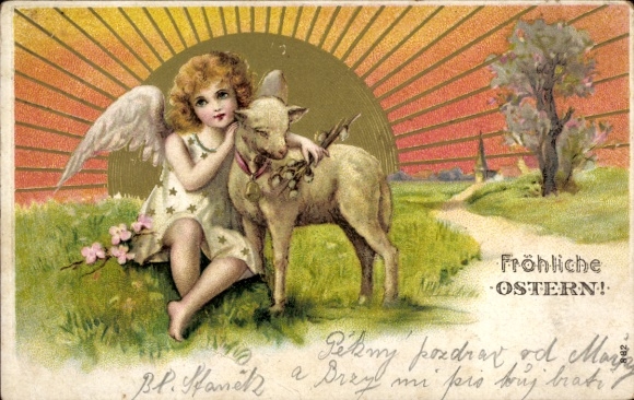 Präge Ak Glückwunsch Ostern, Engel, Lamm, Weidenkätzchen