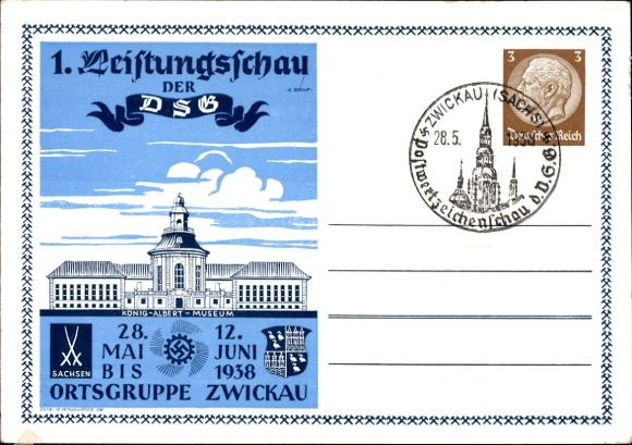 Postal stationery artist Postcard Rohle, E., Zwickau, 1st exhibition of the DSG 1938, King Albert Museum