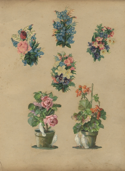 6 wafer flower bouquets and flower pots with white doves, approx. 11 x 6.5 cm and 7.5 x 5 cm