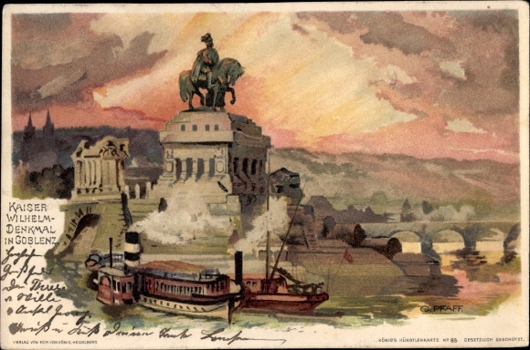 Artist Chromo-Litho Pfaff, C., Koblenz, View of the Kaiser Wilhelm Monument, Deutsches Eck