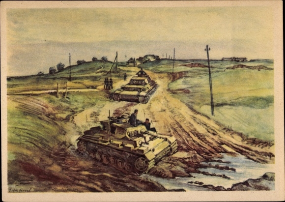 Artist PC Hensel, German Wehrmacht, rolling tanks, WWII