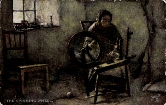 Postcard Scottish Costume, Woman at the Spinning Wheel, Living Room