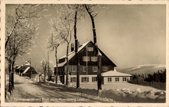 Postcard Weitersglashütte Eibenstock in the Ore Mountains, home view, Auersberg, winter view