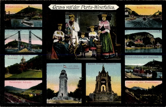 PC Porta Westfalica in North Rhine-Westphalia, family in traditional costume, spinning wheel, Wittekindsberg, Jakobsberg