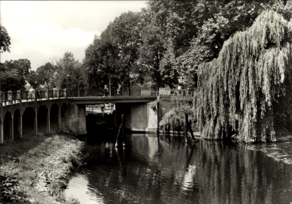 KP Königs Wusterhausen w Brandenburgii, most, kanał, wierzba, zdjęcie czarno-białe