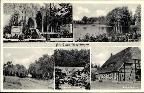 Postcard Hösseringen Suderburg Lower Saxony, memorial, village pond, source, youth hostel