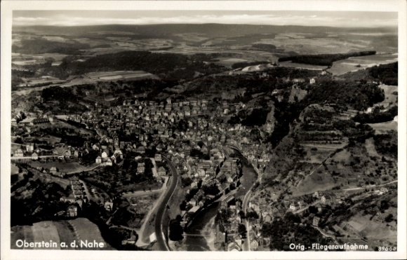 Postcard Idar Oberstein on the Nahe, aerial view of Oberstein, beautiful landscape, settlements, river