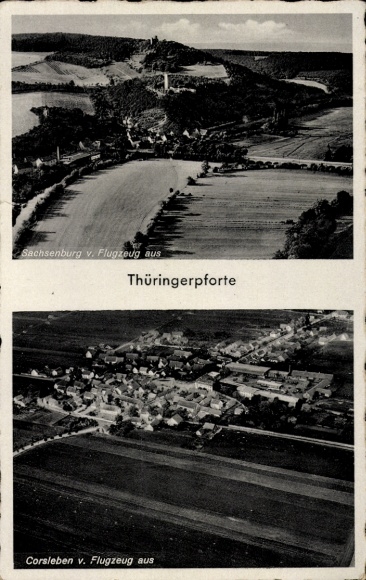 Ak Sachsenburg an der Unstrut Kyffhäuserkreis Thüringen, Fliegeraufnahme, Thüringerpforte, Corsleben