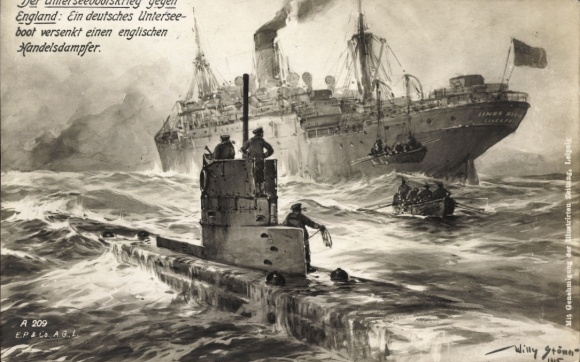 Artist Postcard Stöwer, Willy, German U-boat, submarine sinks an English merchant steamer
