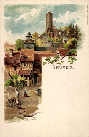 Artist Chromo-Litho Hartmann, A., Eppstein in Hessen, residential buildings, tower, ruin