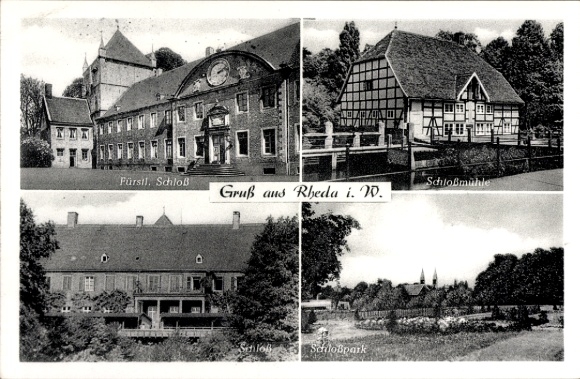 Ansichtkaart Rheda Wiedenbrück in Westfalen, Vorstelijk Paleis, Slotmolen, Slotpark, Groeten uit Rhed...