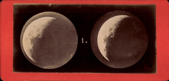Stereofoto wassende maan, 6 dagen oud