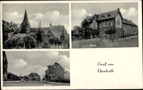 Postcard Quadrath Ichendorf Bergheim an der Erft, church, school, train station
