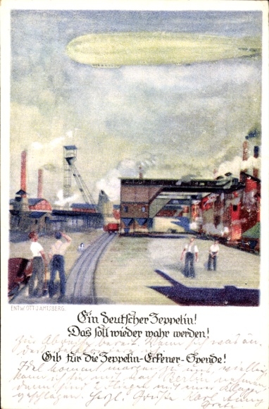 Artist Postcard Amtsberg, Otto, A German Zeppelin, Eckener donation, airship, industrial facilities