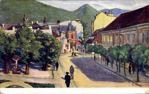 Artist Postcard Kúpele Trenčianske Teplice Trenčín Teplitz Slovakia, street view