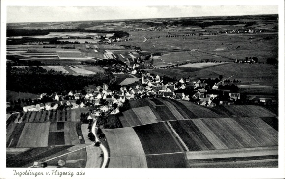 Postcard Ingoldingen, aerial photograph, city panorama, fields, forest