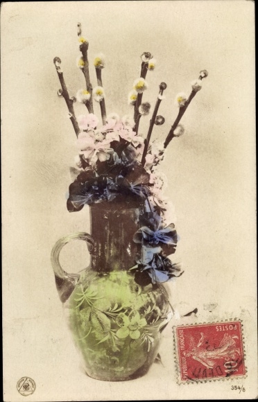 Postcard willow catkins, plants and flowers in glass jar