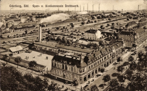Postcard Oderberg Region Moravian Silesia, Railway Station, Savings and Consumer Association Drahtwerk