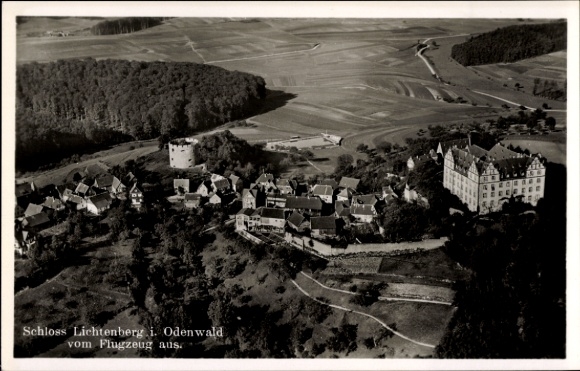 Postcard Lichtenberg Fischbachtal in the Odenwald, aerial photograph of the castle in old architectural styles