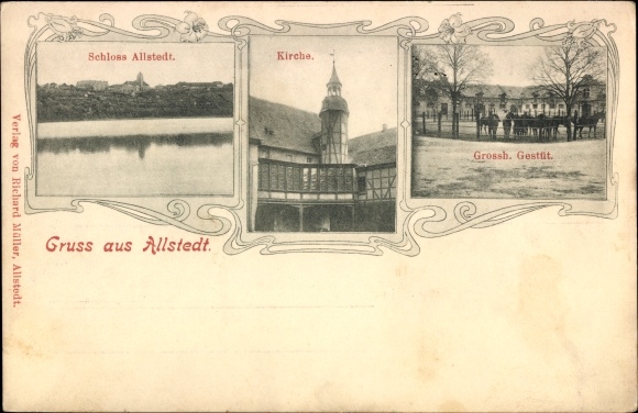 Ansichtkaart Allstedt in Saksen Anhalt, Großh. Stoeterij, kasteel, kerk