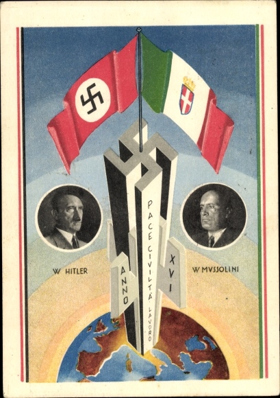 Ak Adolf Hitler, Benito Mussolini, Achse Berlin Rom, Weltkugel, Fahnen, Staatstreffen 1938