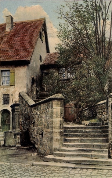 Ak Rothenburg ob der Tauber Mittelfranken, Haus mit Treppe, Bäume, Fenster, Eingang,  