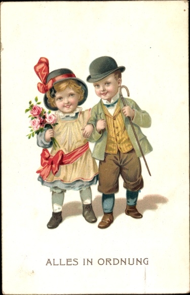 Postcard All right, boy and girl arm in arm