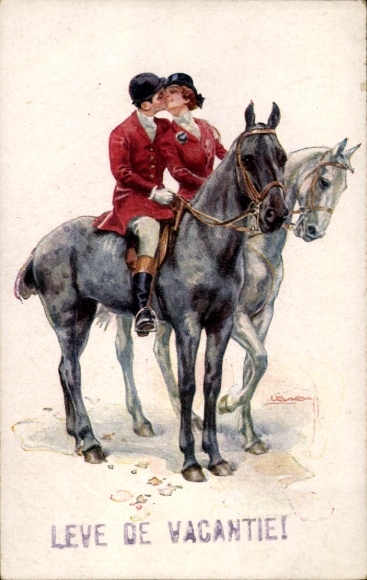 Artist Postcard Usabal, Luis, Equestrian couple, lovers on horses kissing