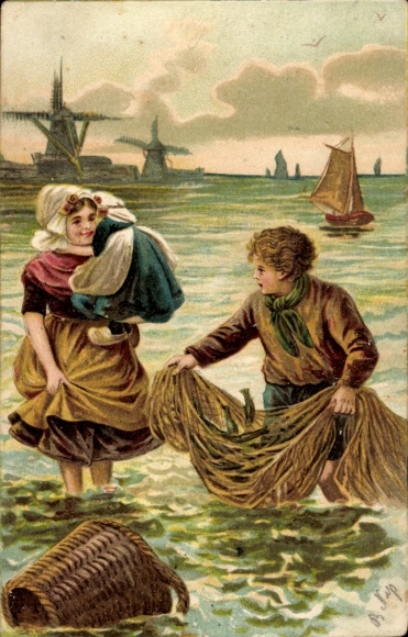 Artist Postcard Man in the water fishing, woman carrying child, boat, windmill